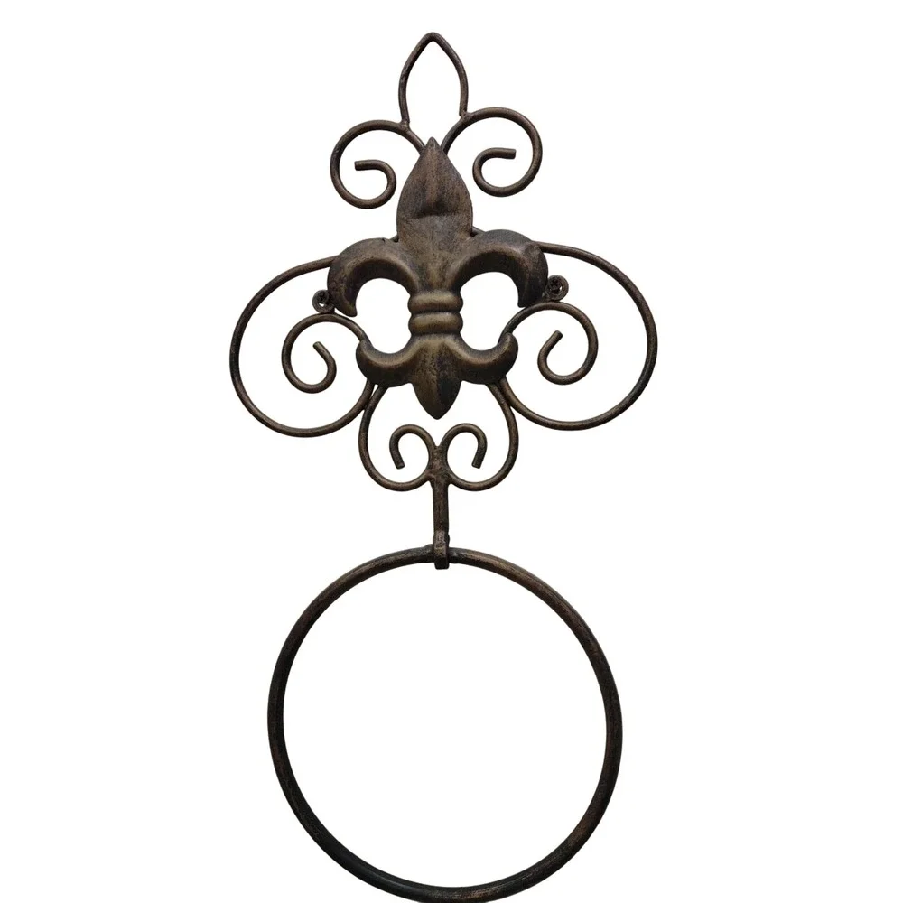 Vintage Antique Fleur De‎ Lis Brass Metal Towel Ring Holder Easy To Install
